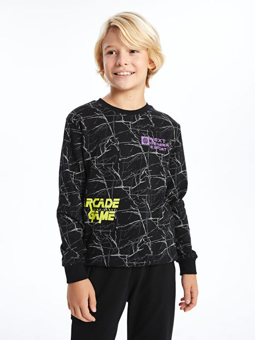 Bisiklet Yaka Bask?l? Uzun Kollu Erkek ?ocuk Sweatshirt