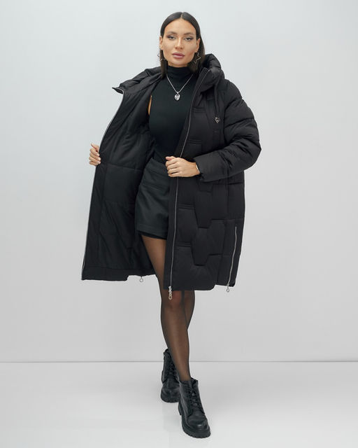 Пальто зимнее утепленное с капюшоном женское черного цвета 7638Ch - Visdeer фото 11