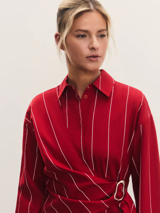 Льняная рубашка в полоску с декоративной пряжкой / Zarina  фото 7