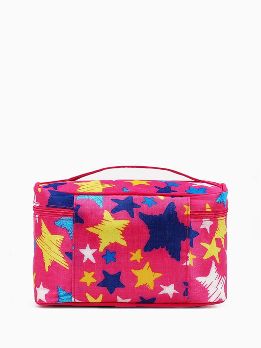 Косметичка-сундучок на молнии, на подкладке, с ручкой, зеркалом, с рисунком, розовая