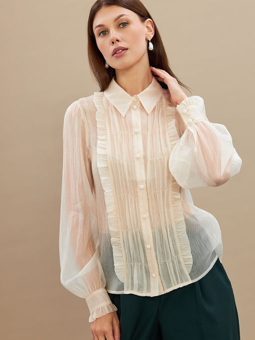 Блузка из органзы со сборкой OD-928-1 молочный - Tantino фото 7