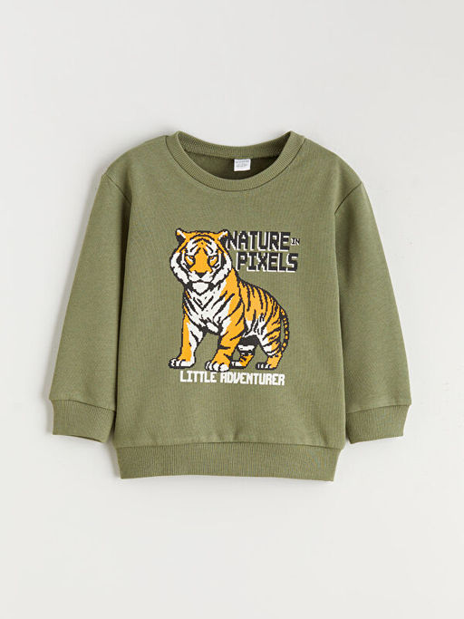 Bisiklet Yaka Bask?l? Erkek ?ocuk Kal?n Sweatshirt