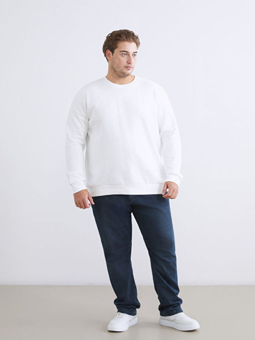B?y?k Beden Bisiklet Yaka Bask?l? Erkek Kal?n Sweatshirt