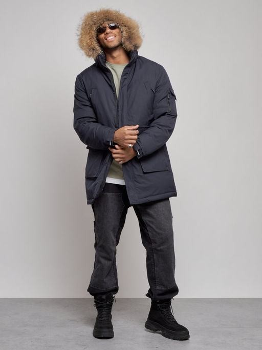 Парка мужская зимняя удлиненная с мехом темно-синего цвета 8318TS - Wonderrman фото 6