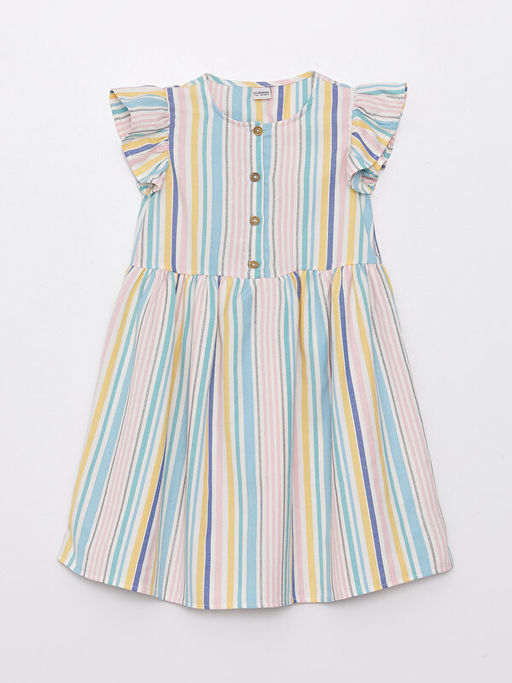 Bisiklet Yaka ?izgili K?sa Kollu K?z ?ocuk Elbise