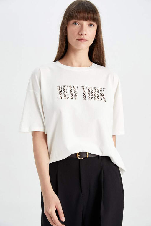 Футболка оверсайз с круглым вырезом и принтом из чесаного хлопка с короткими рукавами - Defacto фото 4