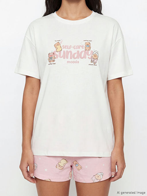 Bisiklet Yaka Bask?l? Kad?n ?ortlu Pijama Tak?m?