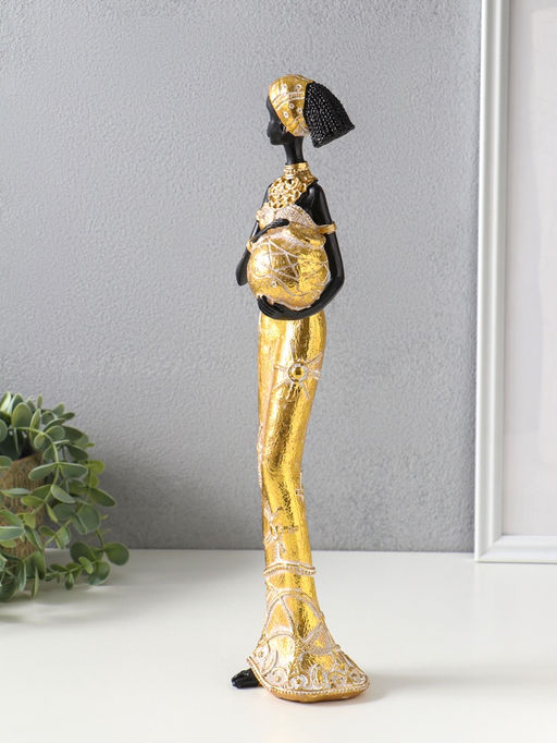 Фигура полистоун «Африканка с кувшином, с повязкой в волосах», бело-золотой, 9×8×37.5 см