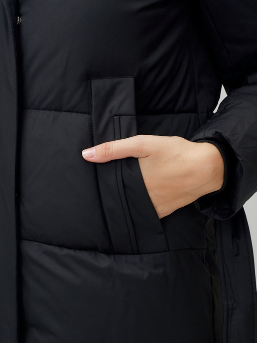 Пальто утепленное стеганное зимнее с капюшоном женское черного цвета 9605Ch - Mtforce фото 10