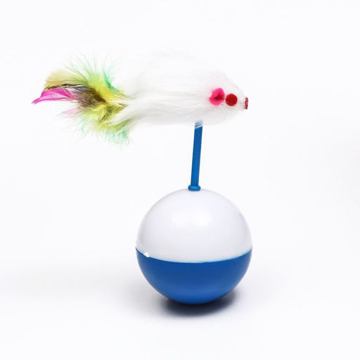 Мышь-неваляшка из натурального меха на шаре, 11 х 5 см синий/белый - Пижон фото 3