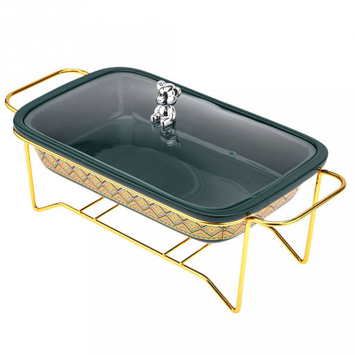 "Мармит Изумруд" Форма для запекания 1,2л, прямоугольная, 29х17,5см h5,5см, керамика с деколью, цвет - изумруд, стеклянная крышка с пароотводом, пластмассовая ручка-кнопка "мишка", металическая подставка с ручками, с подогревом на 2 свечи 36х17,5х11,