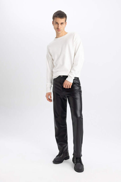 Мешковатые прямые брюки из искусственной кожи - Defacto фото 2