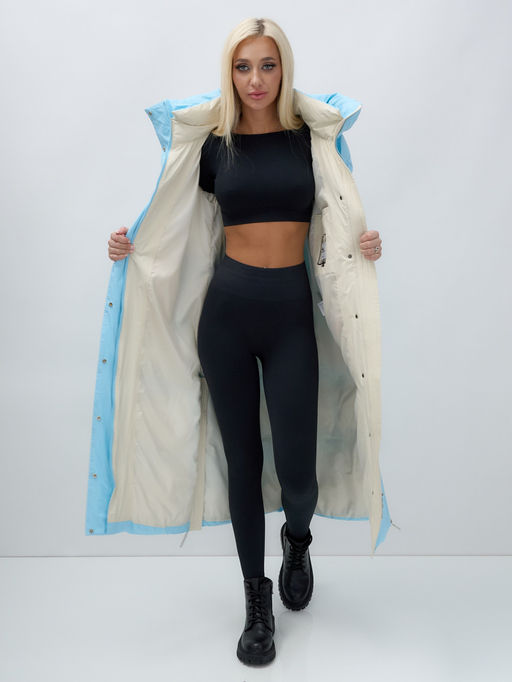 Пальто утепленное стеганное зимнее с капюшоном женское голубого цвета 9625Gl - Mtforce фото 14