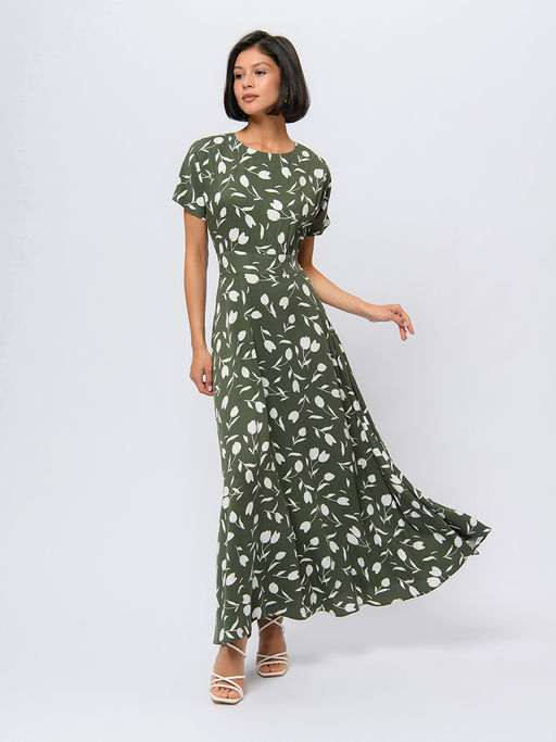 Платье цвета хаки с принтом и короткими рукавами - 1001dress фото 2