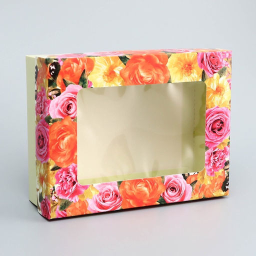 Цена за 2 шт. Коробка складная, крышка-дно, Цветочки, 16.5?12.5?5.2 см с окном