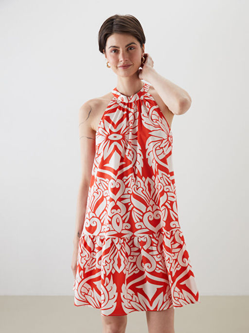 Halter Yaka Desenli Mini Elbise