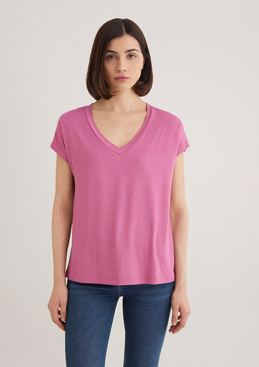V Yaka Pembe Basic Viskoz Tisort - Mavi фото 4
