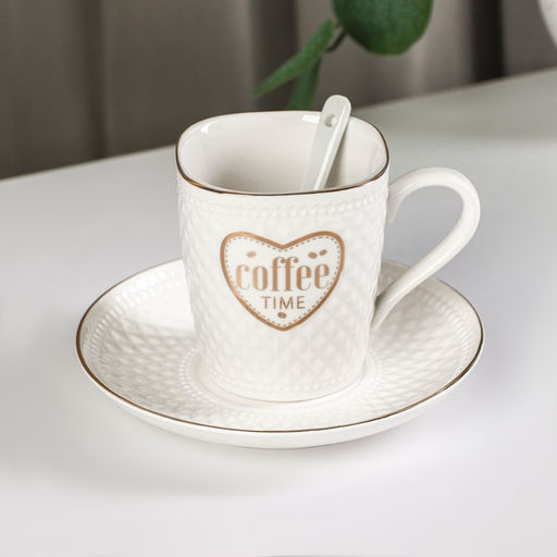Кофейная пара с ложкой Coffee, 2 предмета: кружка 190 мл, блюдце, керамика, белая