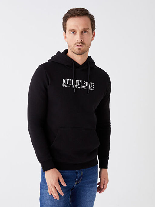 Uzun Kollu Bask?l? Erkek Kal?n Hoodie