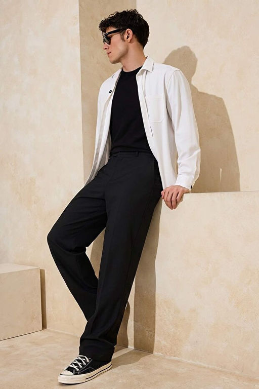 Siyah Straight Fit Boru Pa_a Gofre Mevsimlik Erkek Dokuma Kuma_ Pantolon TMNSS26PL00005