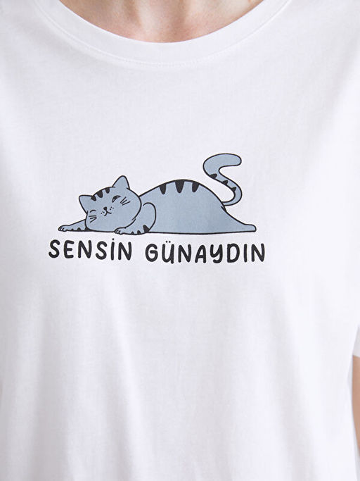 Bisiklet Yaka Bask?l? Kad?n ?ortlu Pijama Tak?m?