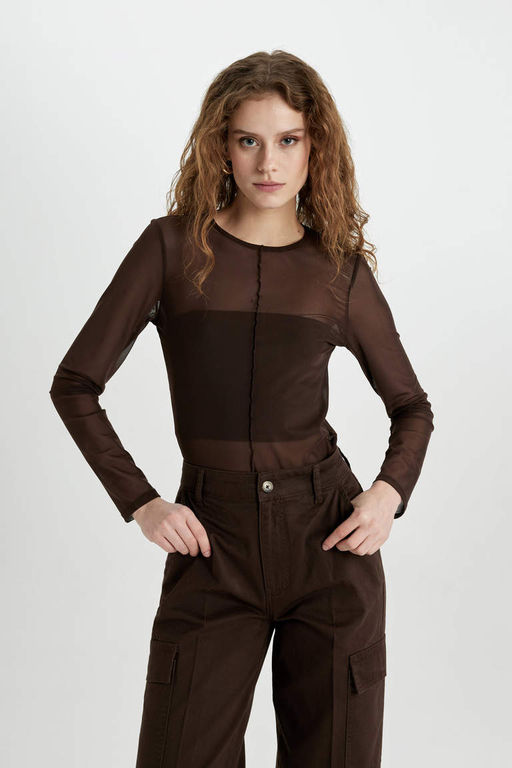 Повседневная футболка из тюля с длинными рукавами и круглым вырезом Slim Fit - Defacto фото 3