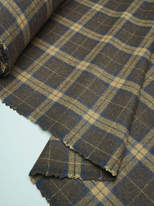 Шерсть пальтово-костюмная Твид Клетка бежево-синяя на коричневом, ш.1.5м, шерсть-50%, п/э-50%