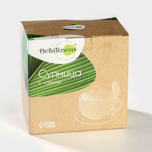 Супница BellaTenero, 450 мл, 15×11.5×7.5 см, с ложкой, на бамбуковой подставке, фарфор, белая