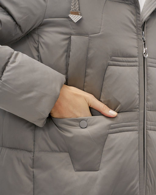 Пальто зимнее утепленное с капюшоном женское серого цвета 7638Sr - Visdeer фото 12