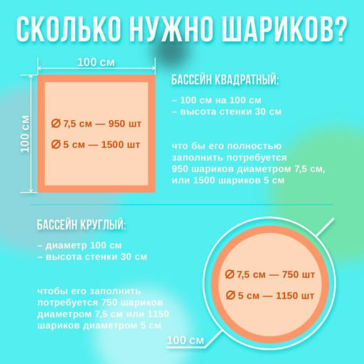 Шарики для сухого бассейна 150 шт., цвета: бирюзовый, серый, белый, чёрный, салатовый, бежевый, диаметр шара 7.5 см