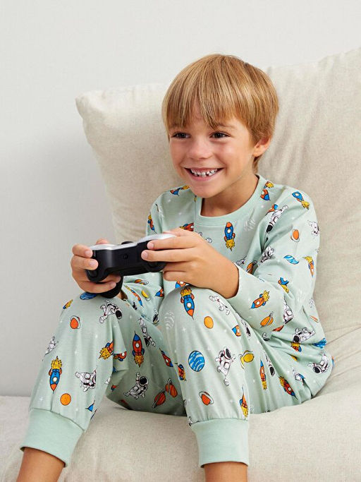 Bask?l? Erkek ?ocuk Pijama Tak?m?
