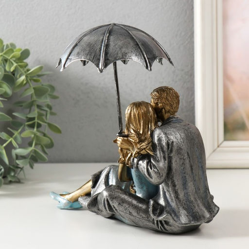 Фигурка полистоун «Влюблённая пара под зонтом - нежность», синий, 18×18×10 см