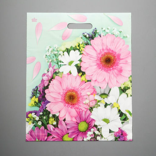 Цена за 50 шт. Пакет «Нежные герберы», полиэтиленовый с вырубной ручкой, 38×45 см, 60 мкм