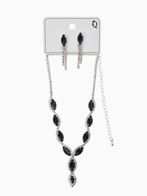 Набор 2 пред-а: серьги, колье "Вечерний шик" лепестки, цвет бело-тёмно-синий в серебре