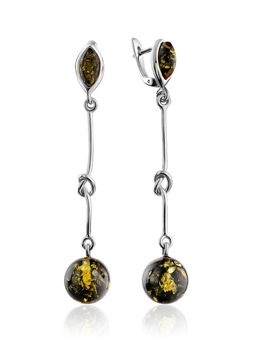 Эффектные серьги Париж из янтаря зелёного цвета и серебра