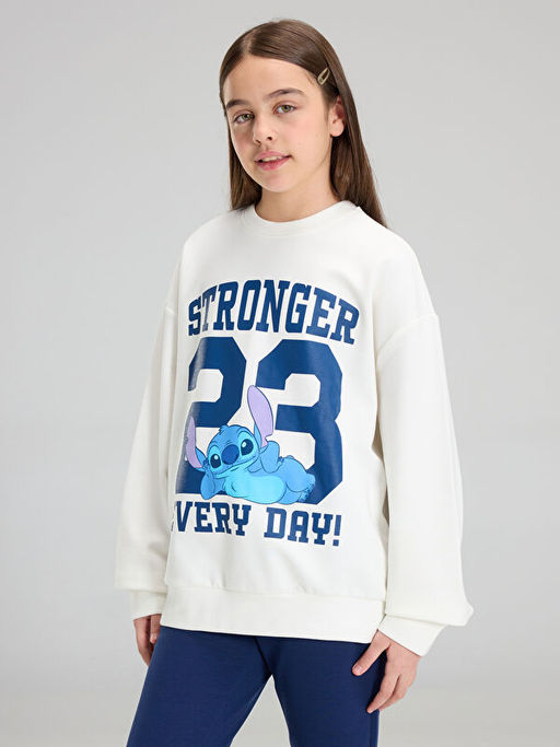 Bisiklet Yaka Stitch Bask?l? K?z ?ocuk Sweatshirt ve Tayt