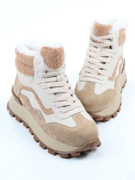 04-WG042-2M BEIGE/WHITE Кроссовки зимние женские (натуральная кожа, натуральная замша, 100% шерсть)