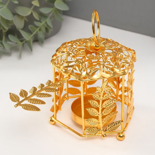 Металлический подсвечник-фонарь на 1 свечу Цветок и веточки, золото, d=5.5 см, 9.8?10.5?14 см