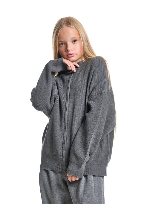 Джемпер оверсайз на молнии для девочки 33-7596 серый