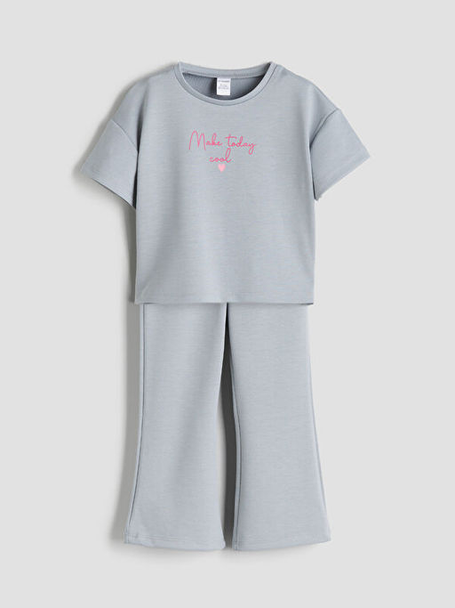 Bisiklet Yaka Bask?l? K?z ?ocuk Ti??rt ve Pantolon 2li