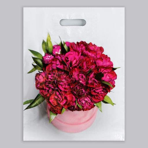 Цена за 50 шт. Пакет Букет пионов, полиэтиленовый, с вырубной ручкой, 31?40 см, 60 мкм