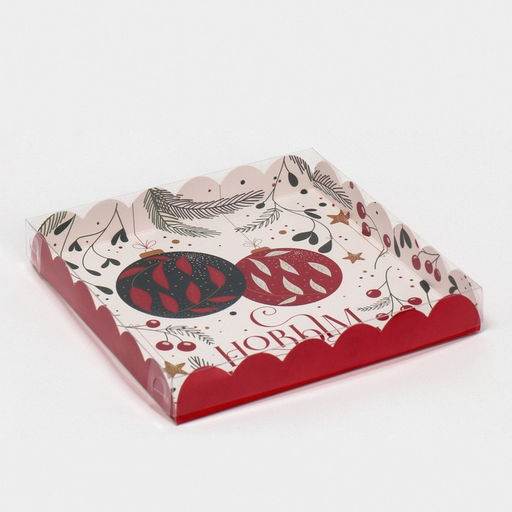 Цена за 5 шт. Коробка для кондитерских изделий новогодняя с пластиковой крышкой «С Новым годом», 21×21×3 см