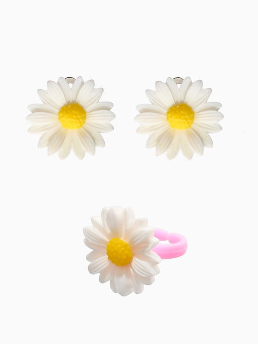 Цена за 2 шт. Набор детский "Выбражулька" 4 пред-а: бусы, серьги, браслет, кольцо б-р, цветок, желто-белый   10967