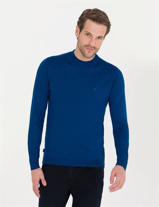 _ndigo Slim Fit Bato Yaka Y_n Kar___ml_ Basic Triko Kazak