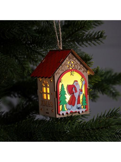 Ёлочная игрушка «Домик с Дедом Морозом», 11×8.5×7.5 см, 1 LED, от батареек, свечение тёплое белое