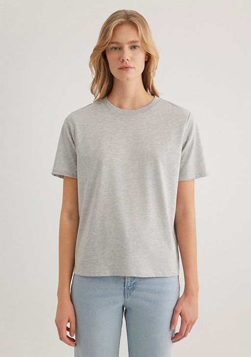 Bisiklet Yaka Gri Basic Tisort - Mavi фото 3
