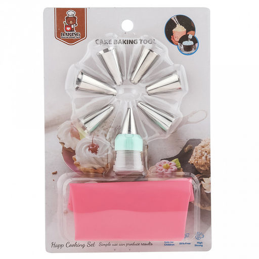 Кондитерский набор 9 предметов Букет: мешок для крема п/эт 33,5см, насадка из нержавеющей стали - 7 штук, узкие, закрытые, бордюрные, д1,8см, h3,3см; фиксатор винтовой для насадок пластик, цвета микс, на блистере 20х13,7х3см (Китай)