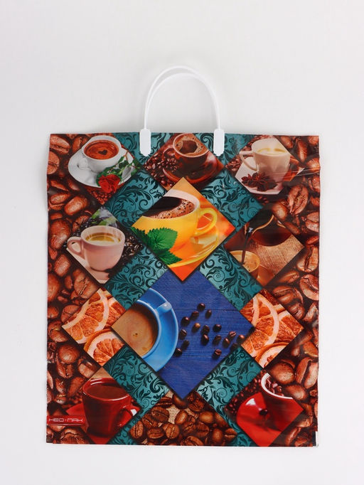 Цена за 5 шт. Пакет "Кофейное настроение, полиэтиленовый с вырубной ручкой, пласт. 38х44 см, 90 мкм