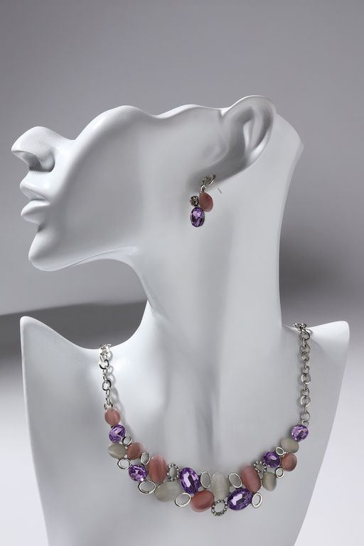 Набор 2 предмета: серьги, колье Листочки, цвет розовый в серебре, 40 см