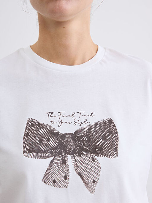 Bisiklet Yaka Fiyonk Bask?l? Kad?n Ti??rt